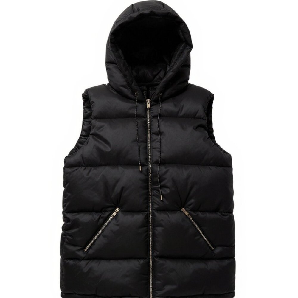 $10 SALE Women's Black Zip Up Puffer Vest with Drawstring Hoodie Size S